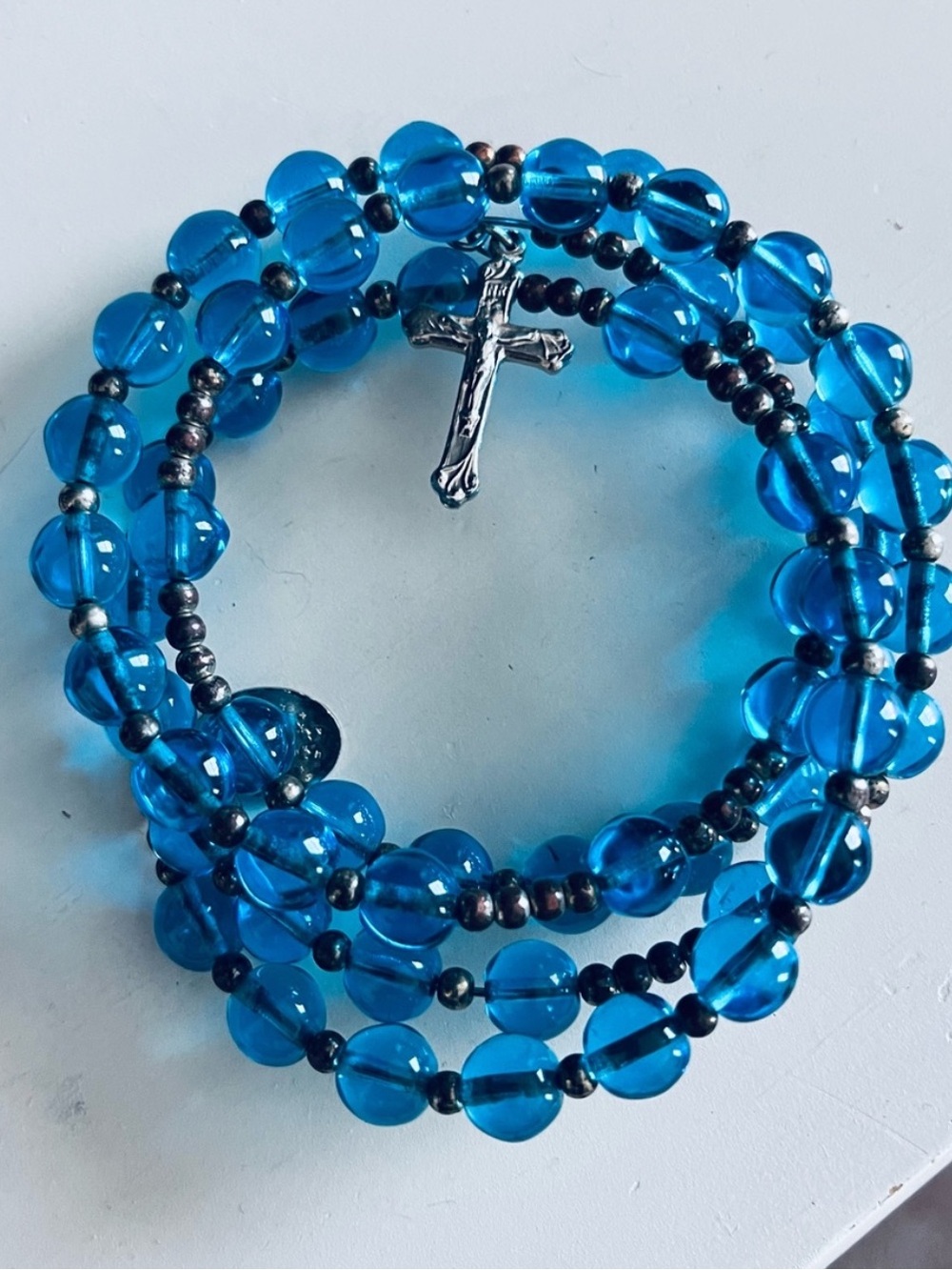 Blue Glass Bead Rosary-Style Wrap Bracelet with Cross